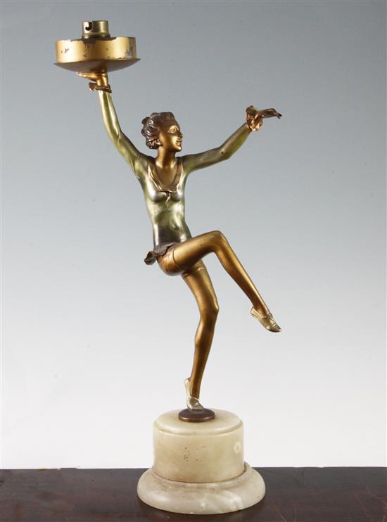 An Art Deco bronzed spelter table lamp, H.17in.